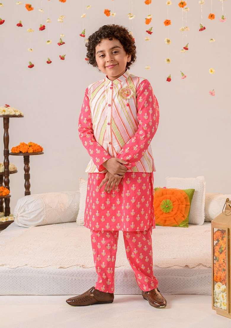 Coral Printed Jacket With Kurta And Pyjama (Set of 3) - Indya