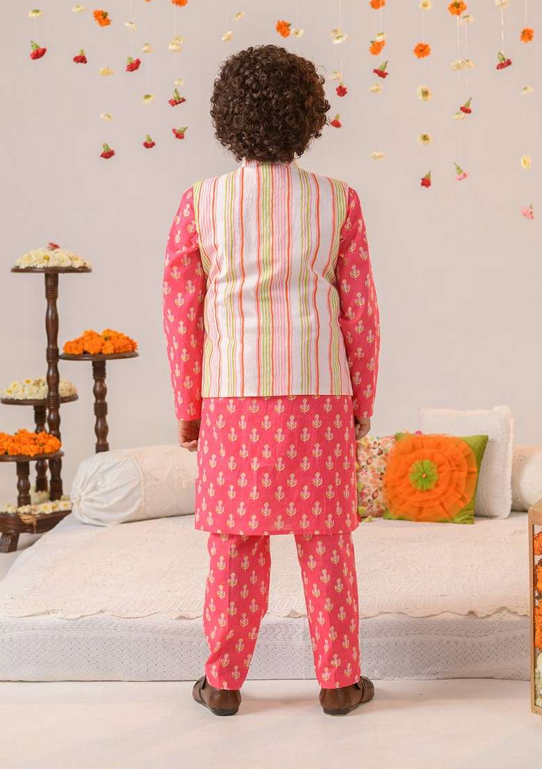 Coral Printed Jacket With Kurta And Pyjama (Set of 3) - Indya