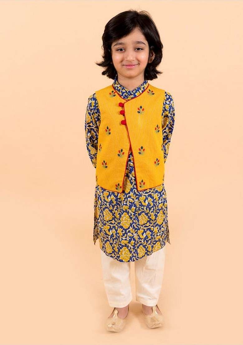 Navy Blue Printed Jacket With Kurta And Pyjama (Set of 3) - Indya