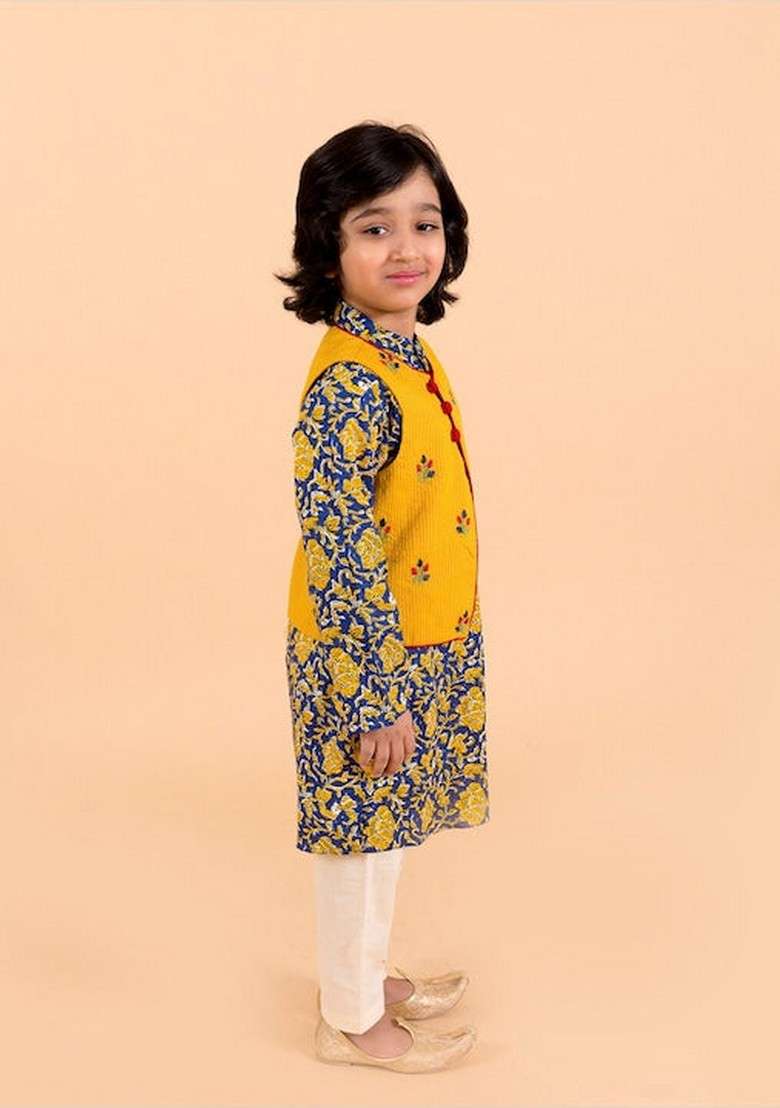 Navy Blue Printed Jacket With Kurta And Pyjama (Set of 3) - Indya