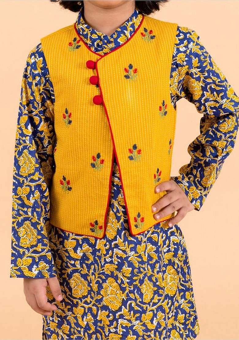 Navy Blue Printed Jacket With Kurta And Pyjama (Set of 3) - Indya