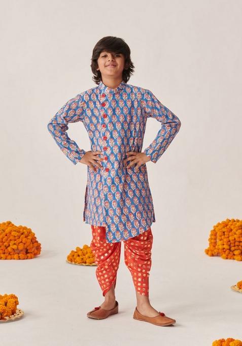 Orange Printed Kurta With Dhoti Pants (Set of 2)