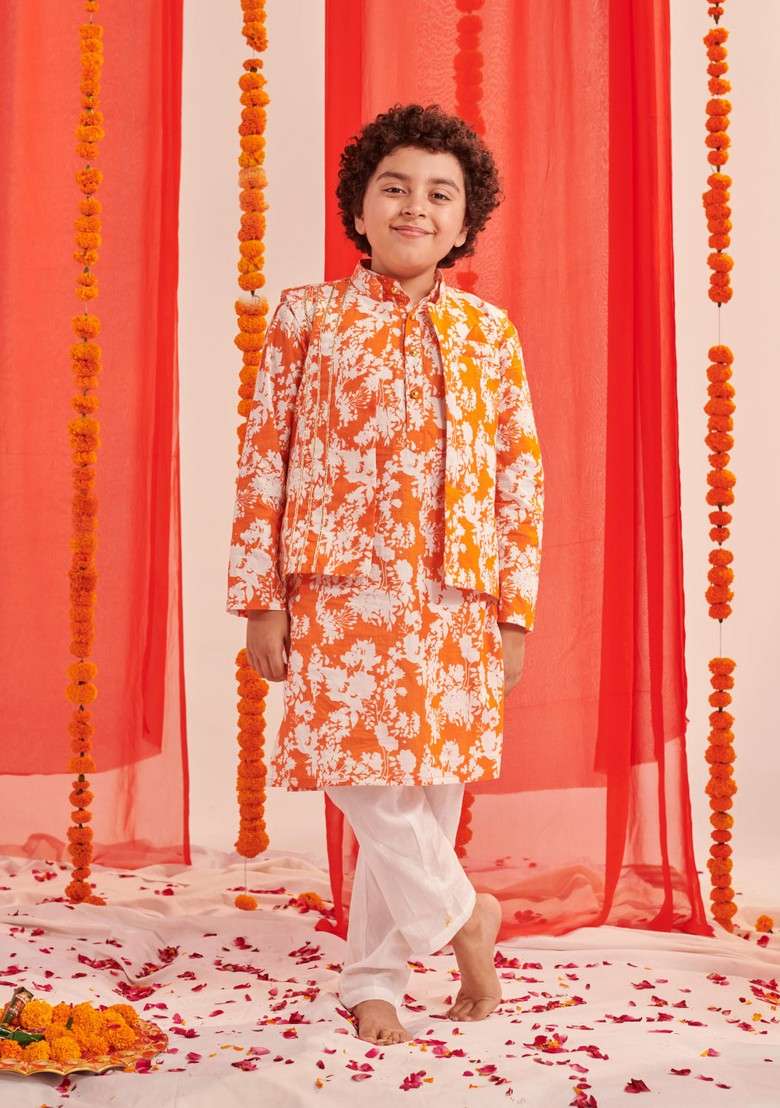 Orange Printed Kurta With Pants (Set of 2) - Indya