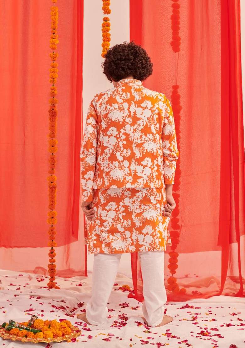 Orange Printed Kurta With Pants (Set of 2) - Indya