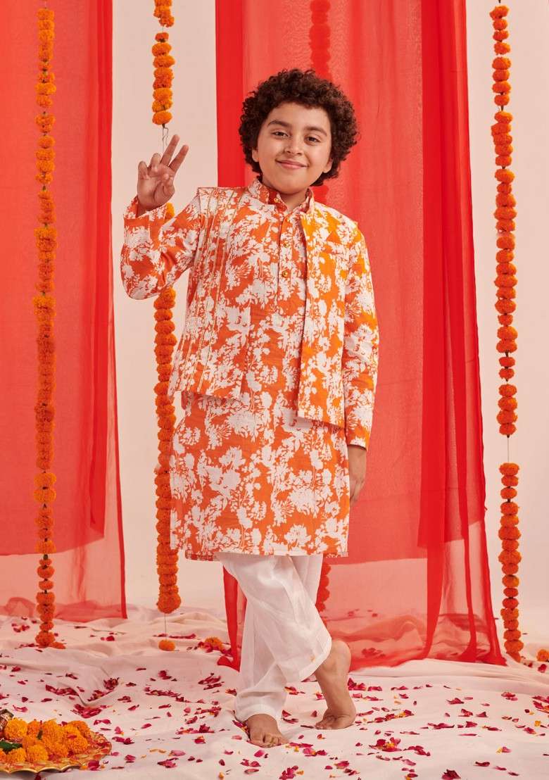 Orange Printed Kurta With Pants (Set of 2) - Indya