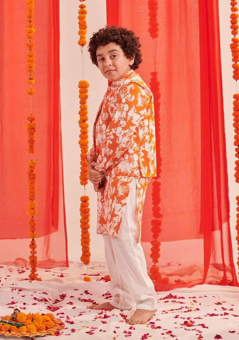 Orange Printed Kurta With Pants (Set of 2) - Indya