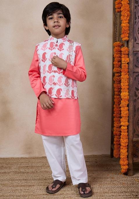 Peach Printed Jacket With Kurta And Pyjama (Set of 3)