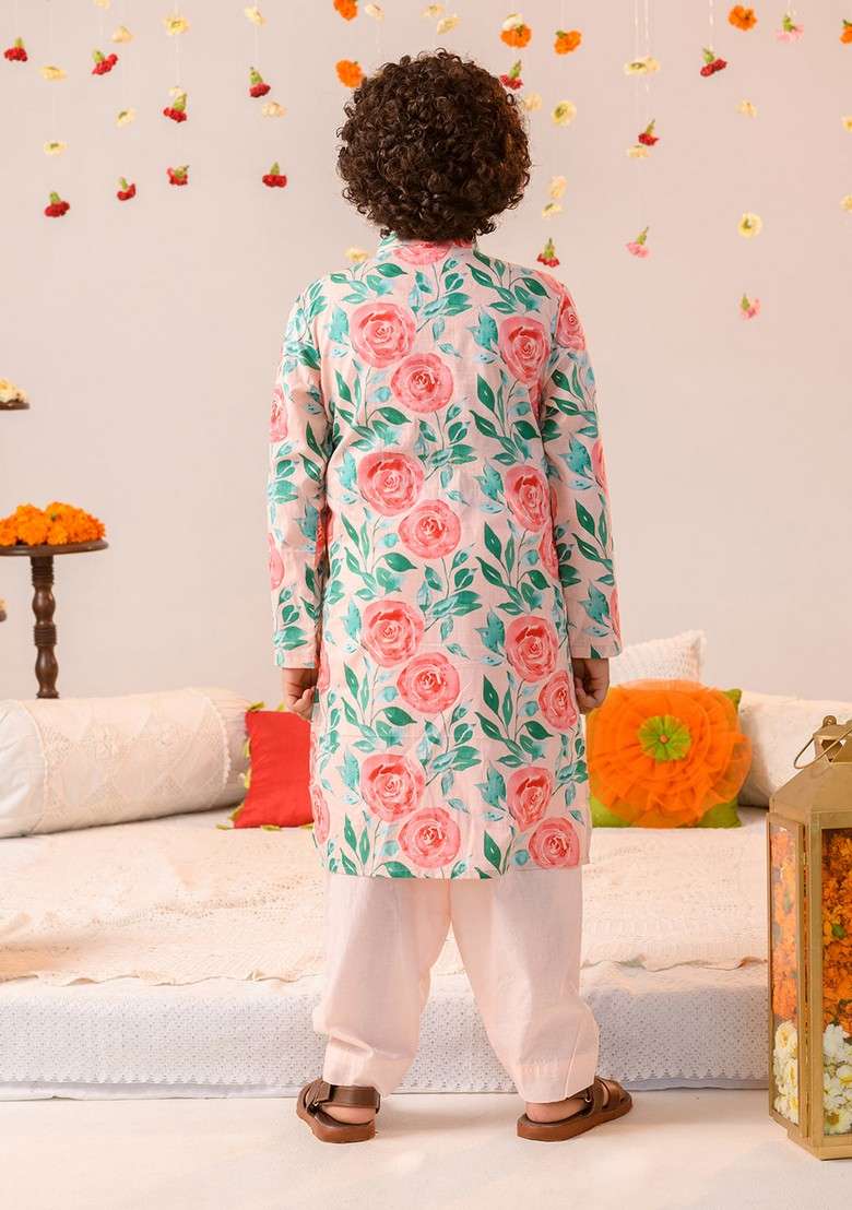 Peach Printed Kurta With Pants (Set of 2) - Indya