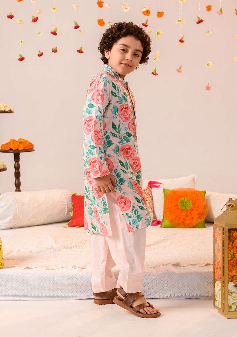 Peach Printed Kurta With Pants (Set of 2) - Indya