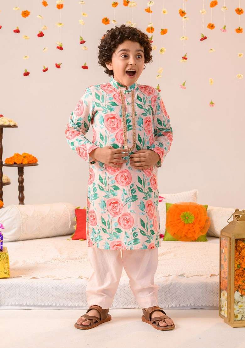 Peach Printed Kurta With Pants (Set of 2) - Indya
