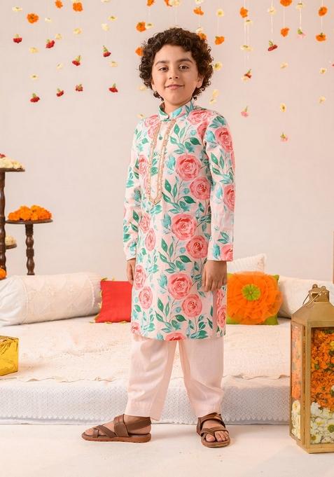 Peach Printed Kurta With Pants (Set of 2)