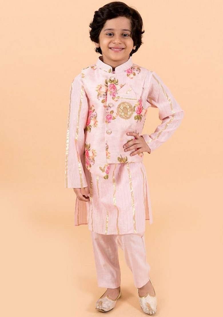 Pink Printed Jacket With Kurta And Pyjama (Set of 3) - Indya