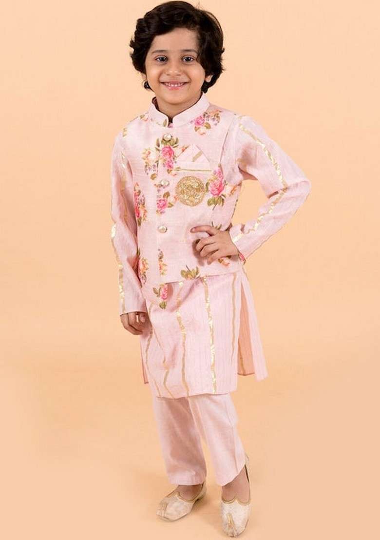 Pink Printed Jacket With Kurta And Pyjama (Set of 3) - Indya