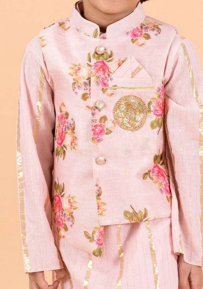 Pink Printed Jacket With Kurta And Pyjama (Set of 3) - Indya