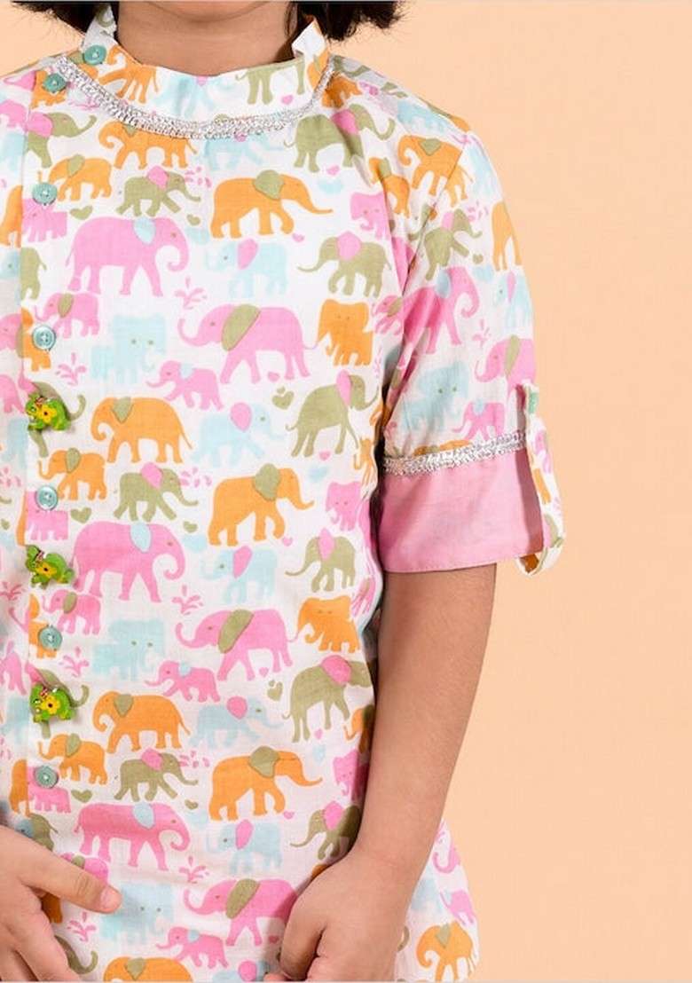 Pink Printed Jacket With Kurta And Pyjama (Set of 3) - Indya
