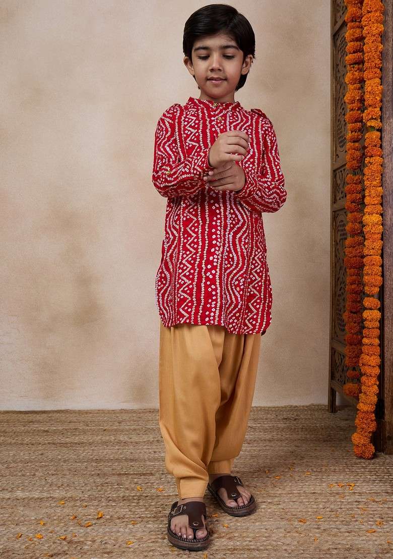 Red Printed Cotton Blend Kurta With Pants (Set of 2) - Indya