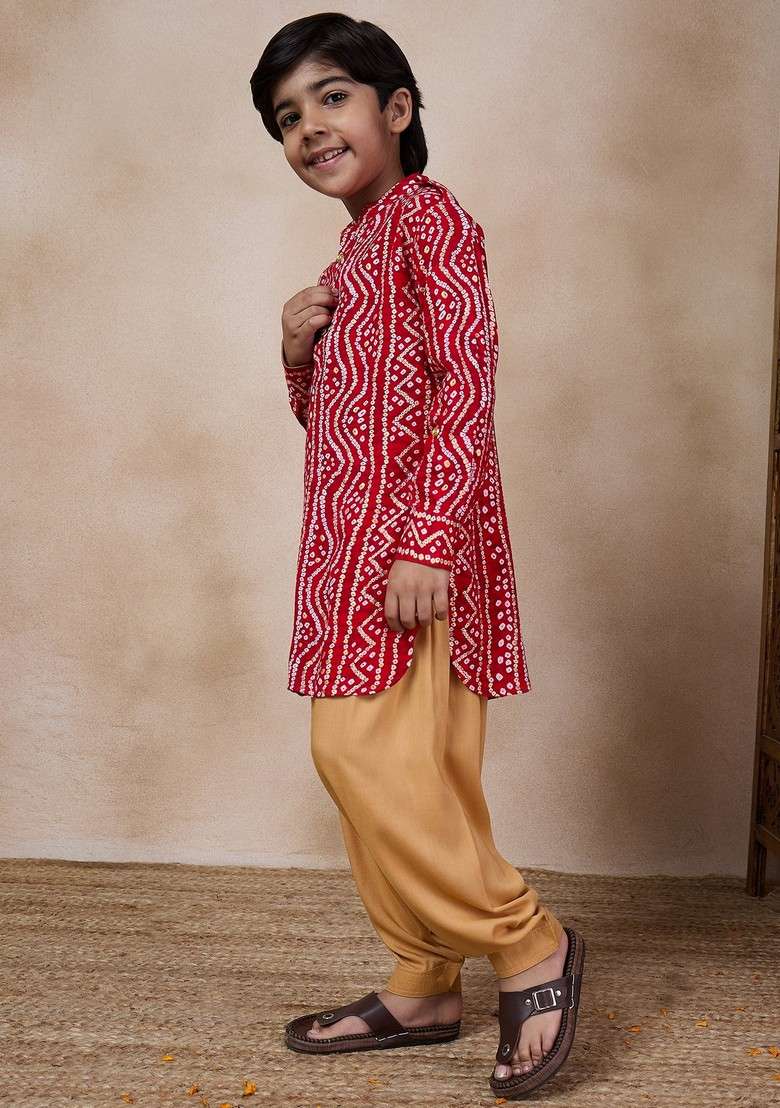 Red Printed Cotton Blend Kurta With Pants (Set of 2) - Indya