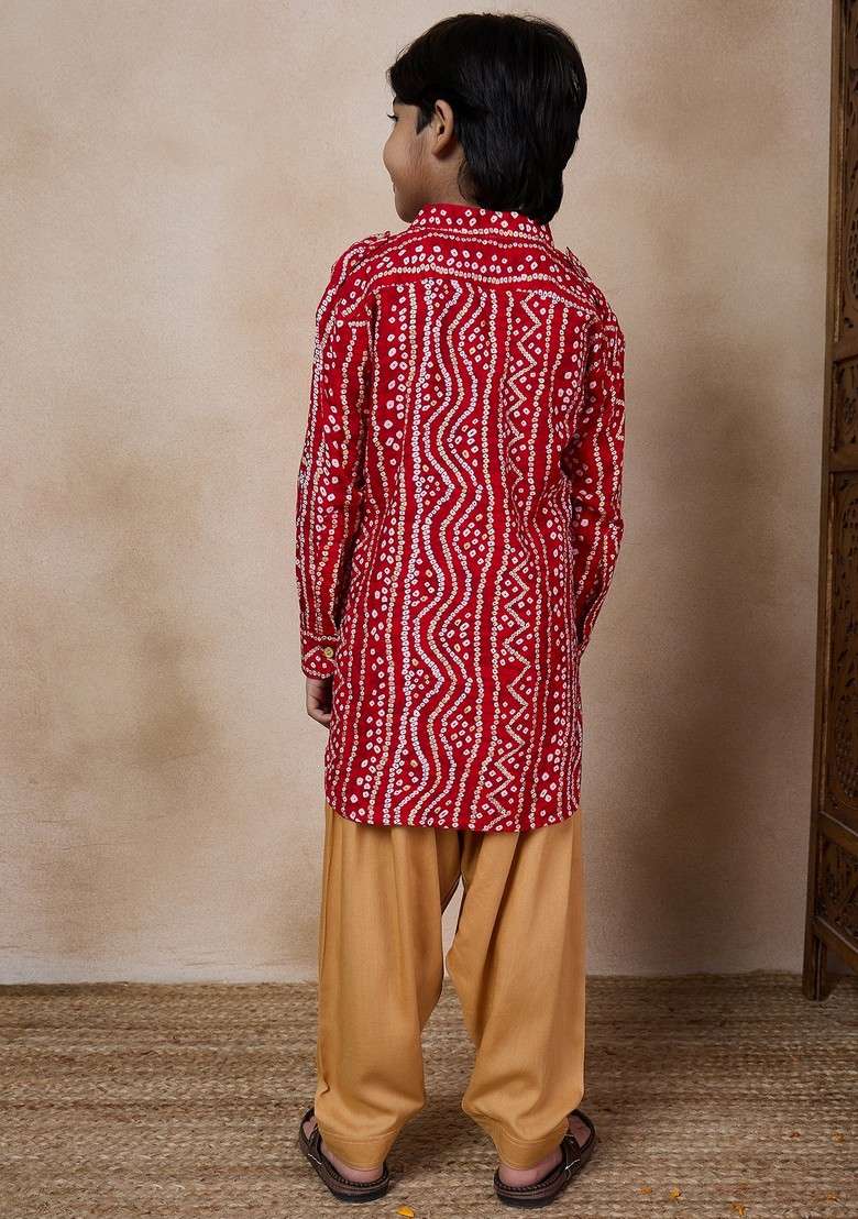 Red Printed Cotton Blend Kurta With Pants (Set of 2) - Indya