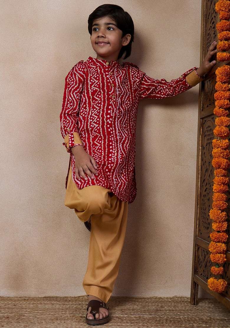 Red Printed Cotton Blend Kurta With Pants (Set of 2) - Indya