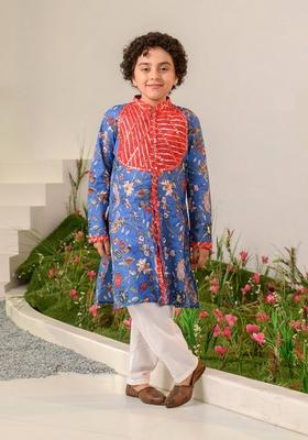 Blue Printed Cotton Kurta With Pants (Set of 2)