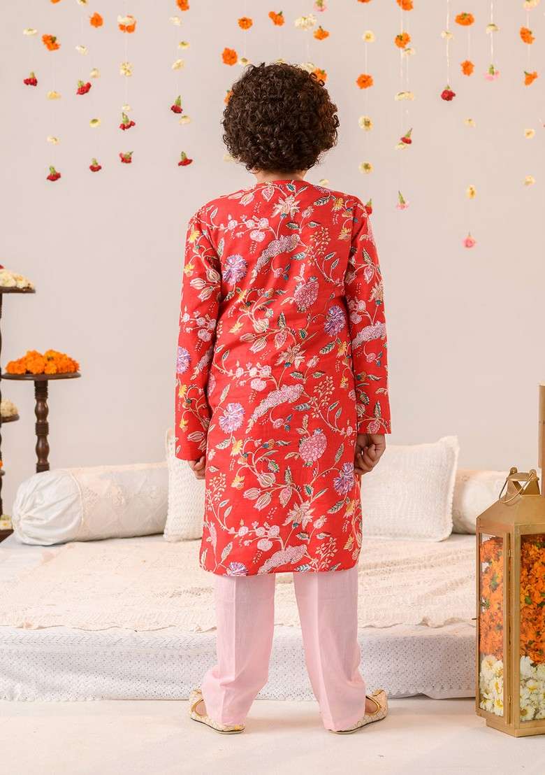 Red Printed Cotton Kurta With Pants (Set of 2) - Indya