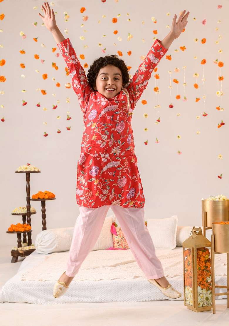 Red Printed Cotton Kurta With Pants (Set of 2) - Indya