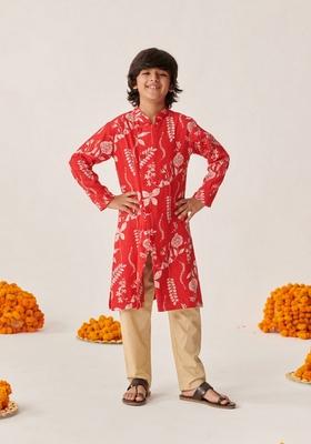Red Printed Cotton Rayon Kurta With Pants (Set of 2)