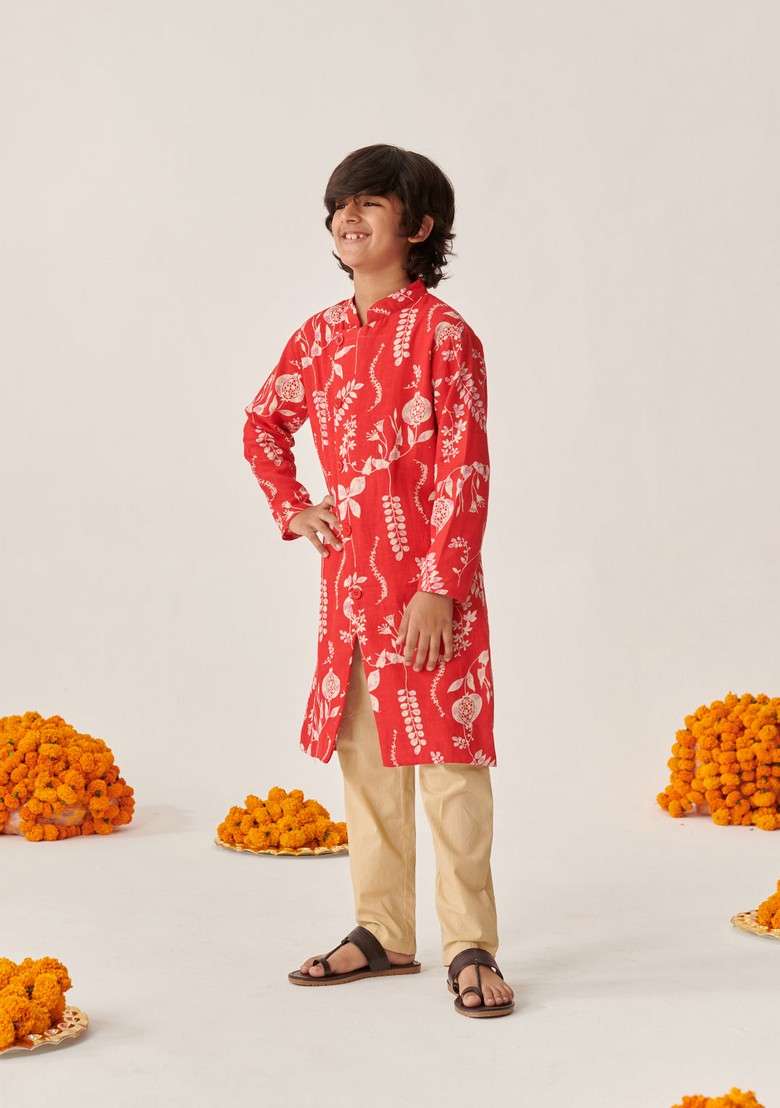 Red Printed Cotton Rayon Kurta With Pants (Set of 2) - Indya