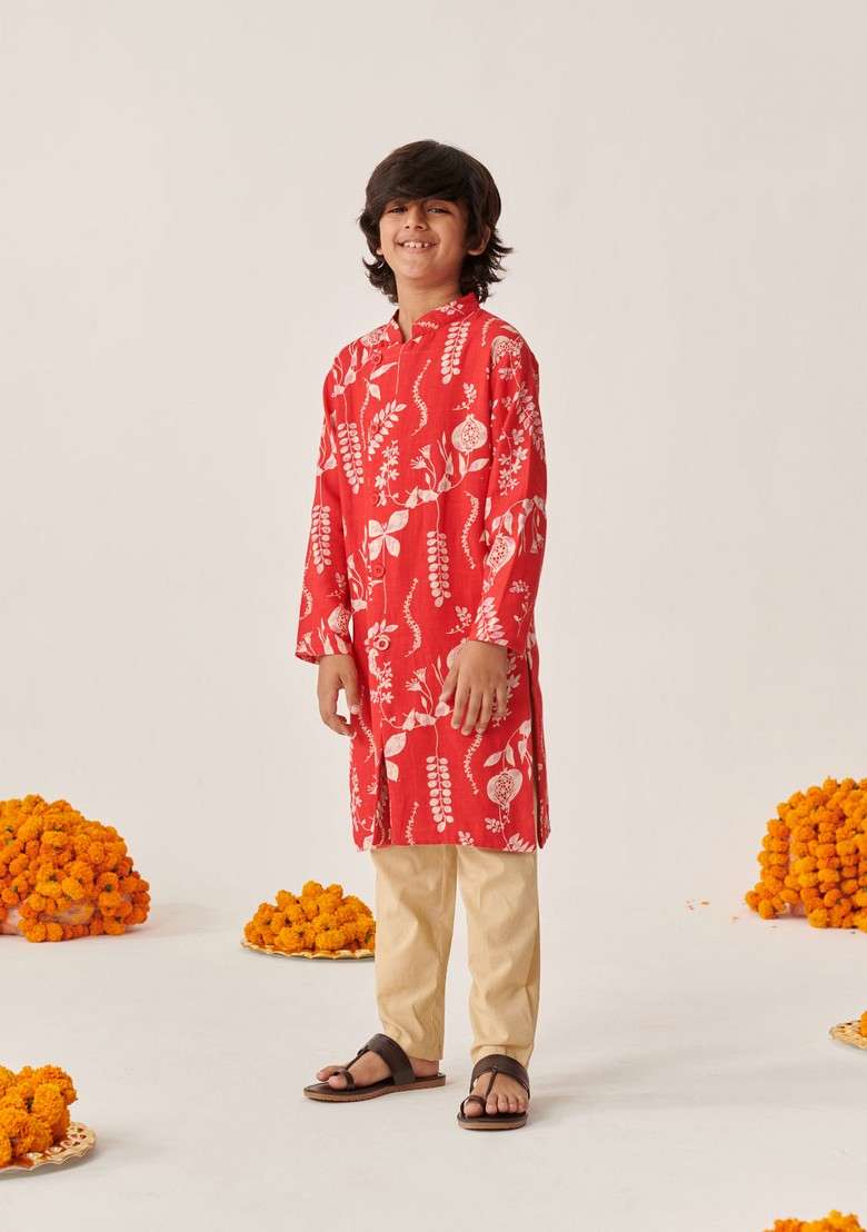 Red Printed Cotton Rayon Kurta With Pants (Set of 2) - Indya