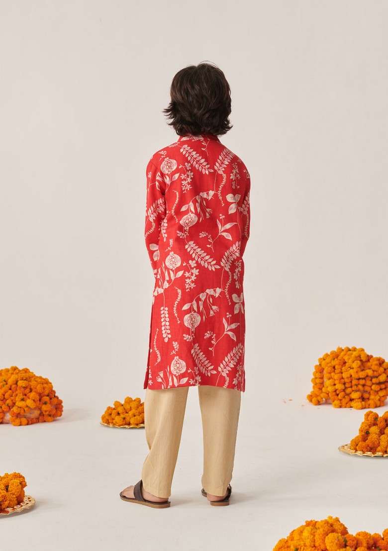 Red Printed Cotton Rayon Kurta With Pants (Set of 2) - Indya