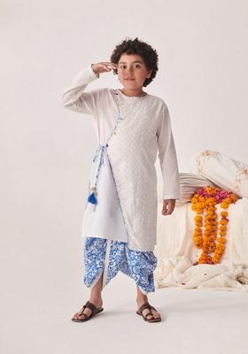 White Printed Kurta With Dhoti Pants (Set of 2)