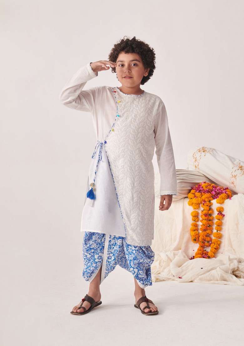 White Printed Kurta With Dhoti Pants (Set of 2) - Indya