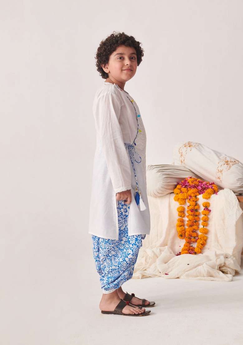 White Printed Kurta With Dhoti Pants (Set of 2) - Indya