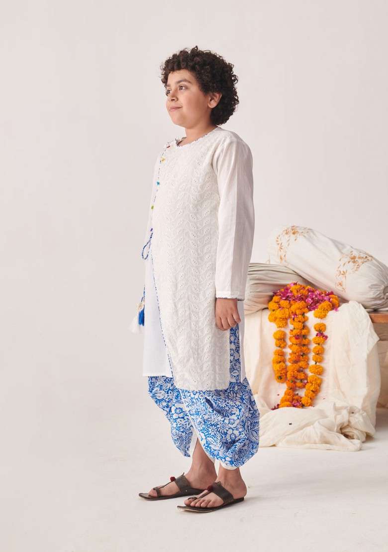 White Printed Kurta With Dhoti Pants (Set of 2) - Indya
