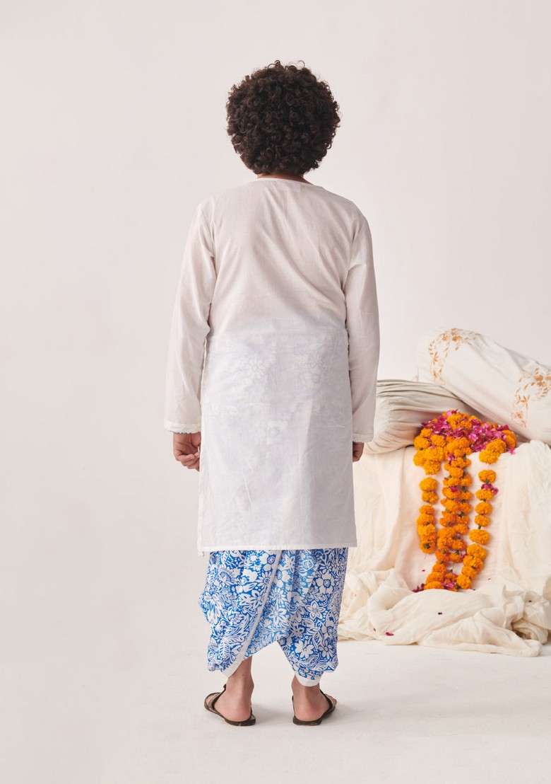 White Printed Kurta With Dhoti Pants (Set of 2) - Indya