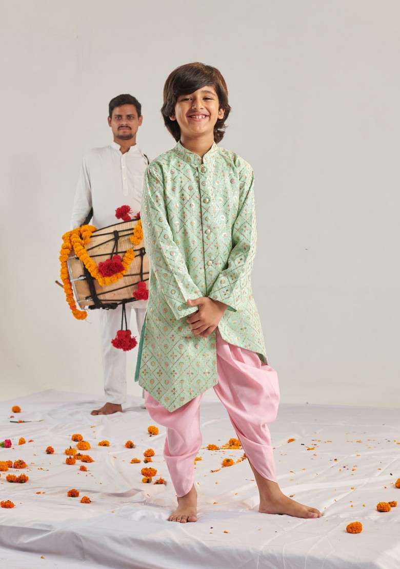 Green Embroidered Kurta With Dhoti Pants (Set of 2) - Indya