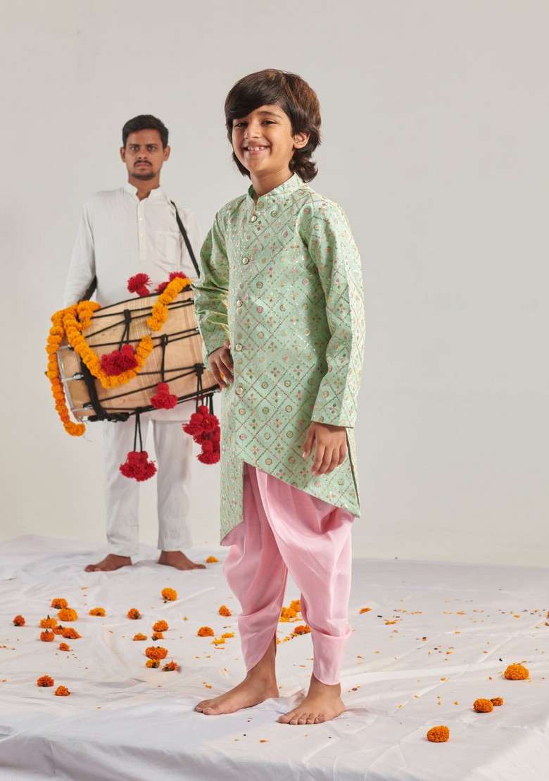 Green Embroidered Kurta With Dhoti Pants (Set of 2) - Indya