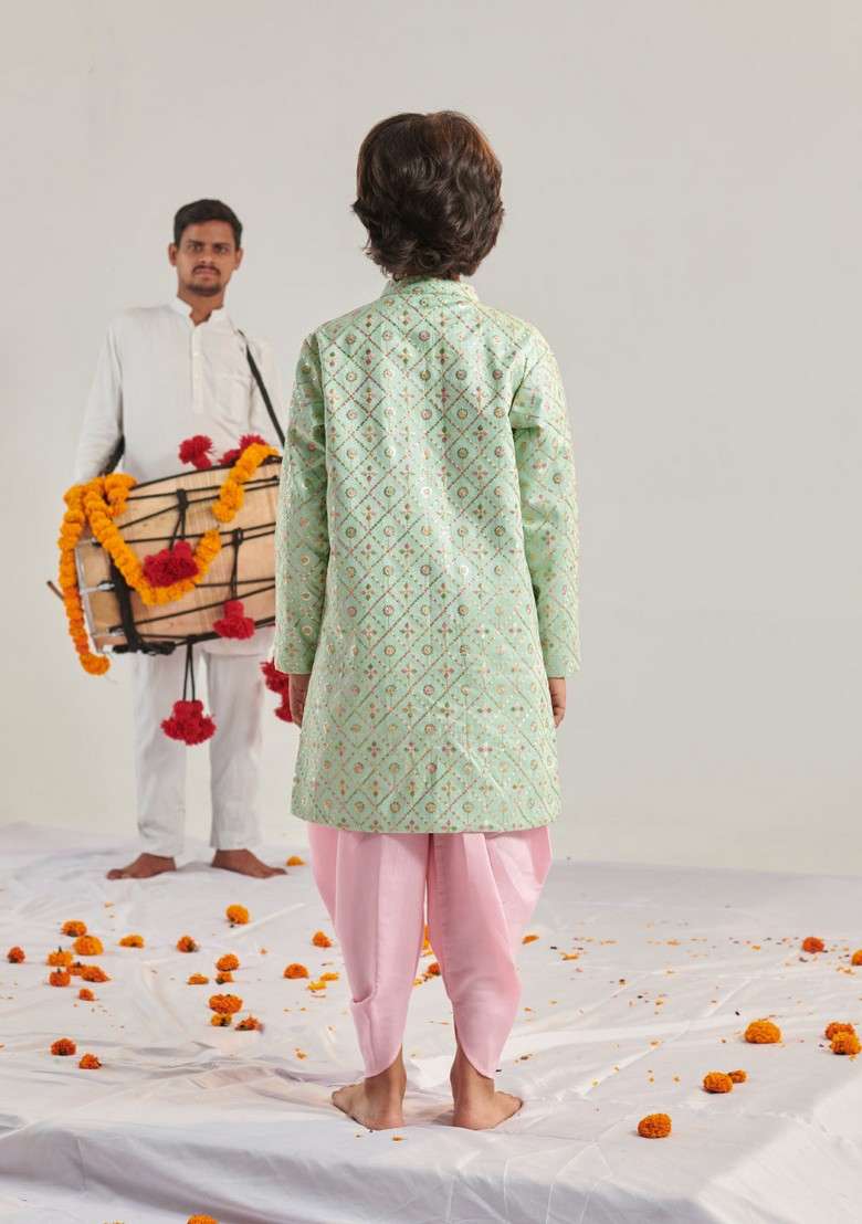 Green Embroidered Kurta With Dhoti Pants (Set of 2) - Indya