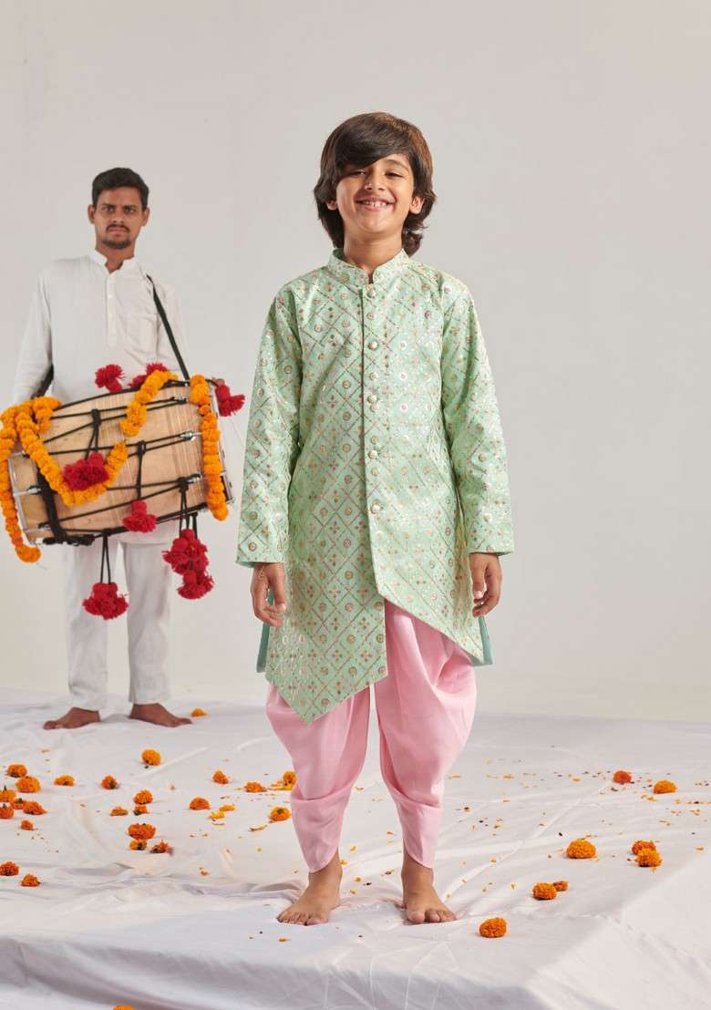 Green Embroidered Kurta With Dhoti Pants (Set of 2) - Indya