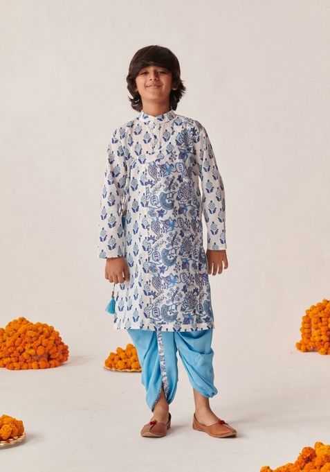 Blue Printed Kurta With Dhoti Pants (Set of 2)