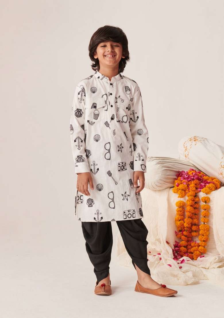 White Printed Kurta With Dhoti Pants (Set of 2) - Indya