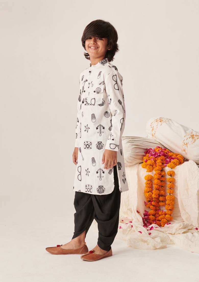 White Printed Kurta With Dhoti Pants (Set of 2) - Indya
