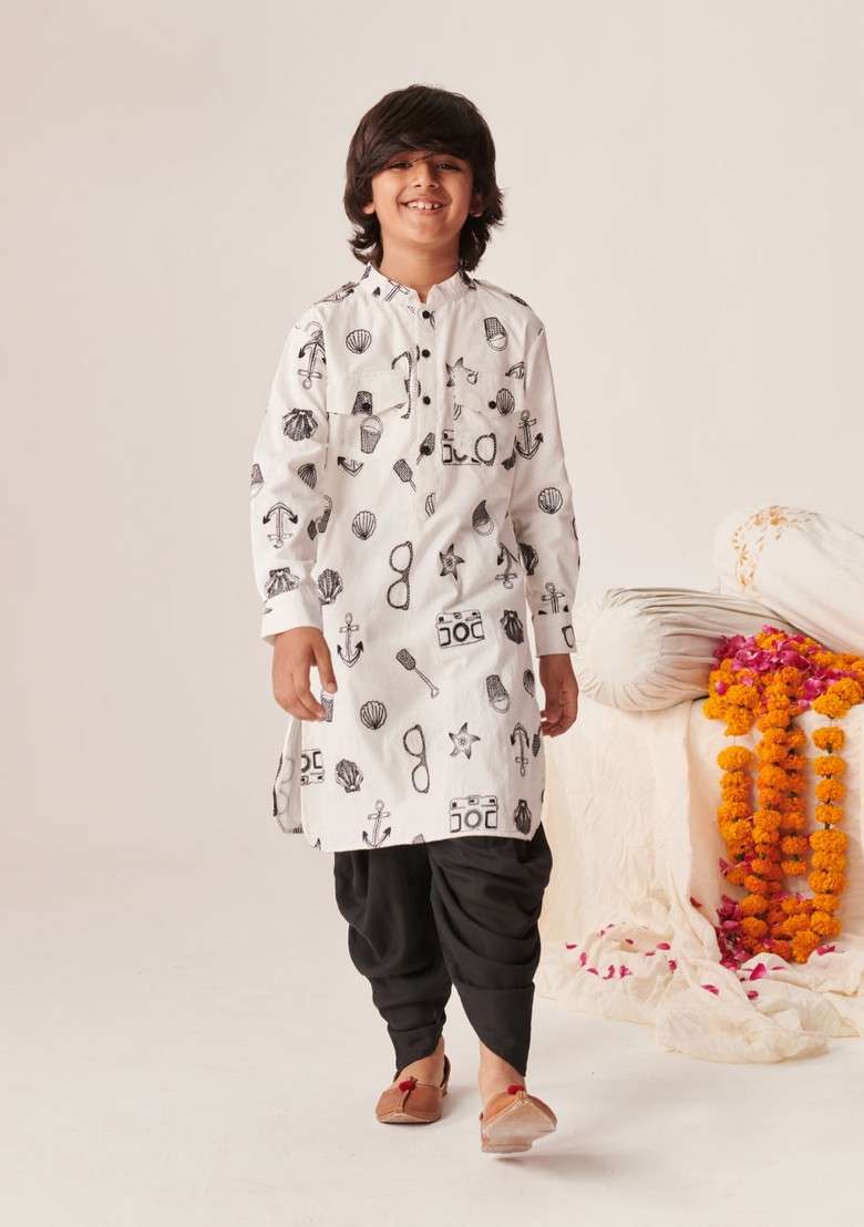 White Printed Kurta With Dhoti Pants (Set of 2) - Indya