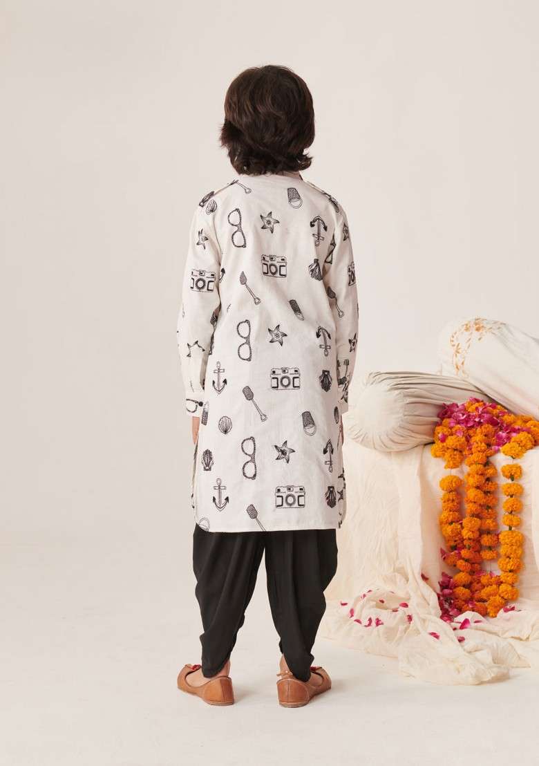 White Printed Kurta With Dhoti Pants (Set of 2) - Indya