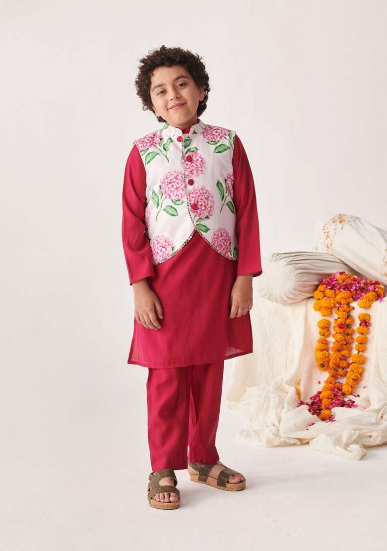 Wine Printed Silk Blend Kurta With Pants (Set of 2) - Indya
