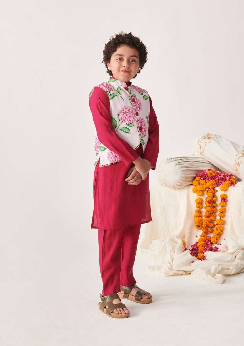 Wine Printed Silk Blend Kurta With Pants (Set of 2) - Indya