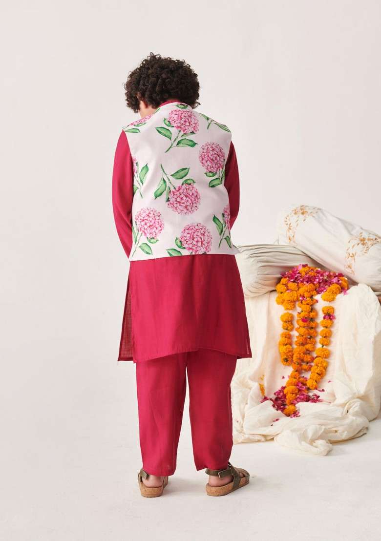 Wine Printed Silk Blend Kurta With Pants (Set of 2) - Indya