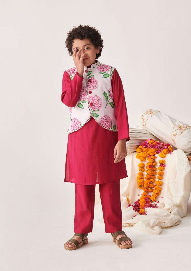 Wine Printed Silk Blend Kurta With Pants (Set of 2) - Indya