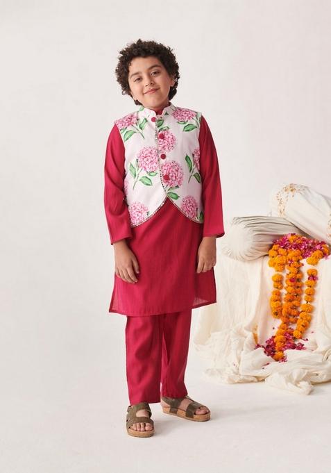 Wine Printed Silk Blend Kurta With Pants (Set of 2)