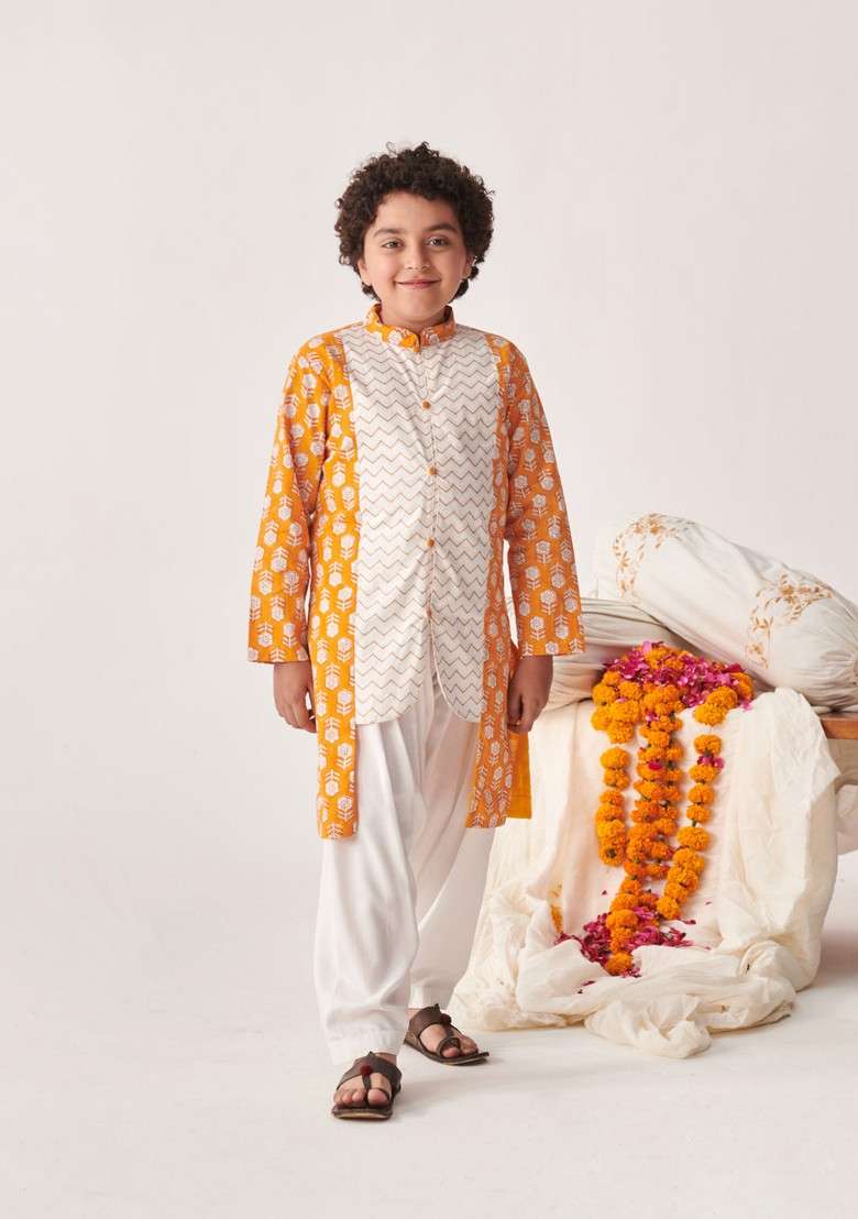 Orange Printed Kurta With Pants (Set of 2) - Indya